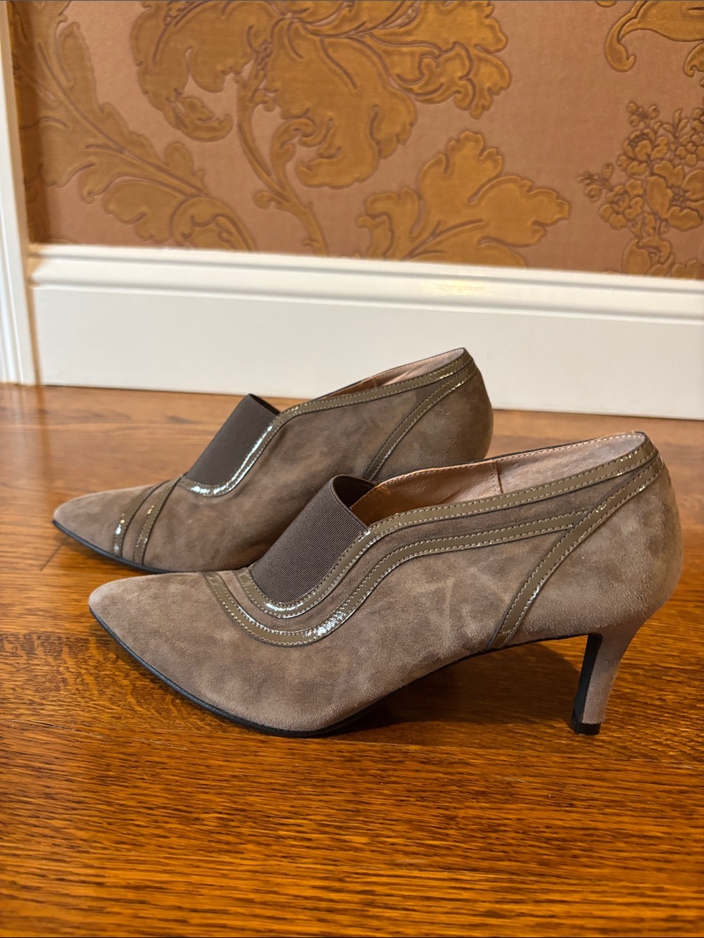 French Sole Taupe Suede Pointed-Toe Kitten Heel Booties